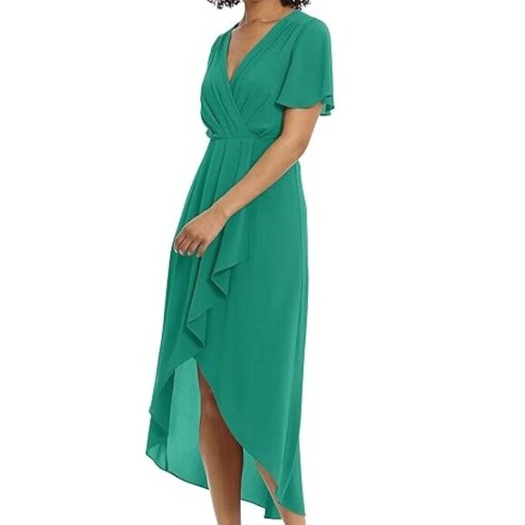 Emerald Green Chiffon Wrap Dress - Picture 1 of 16